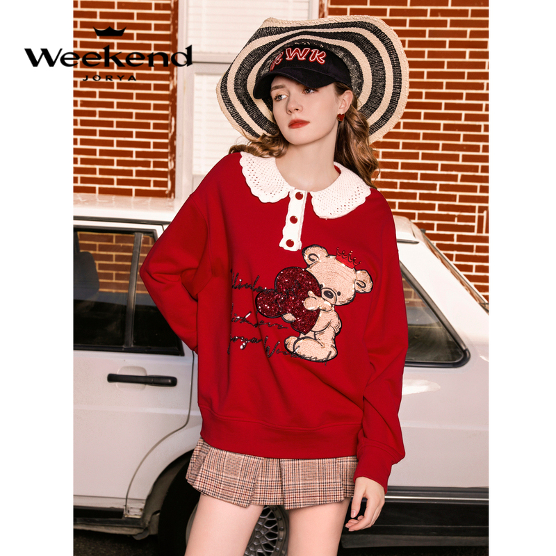 卓雅周末甜美钩花娃娃领亮刺绣宽松卫衣EJWDCF25