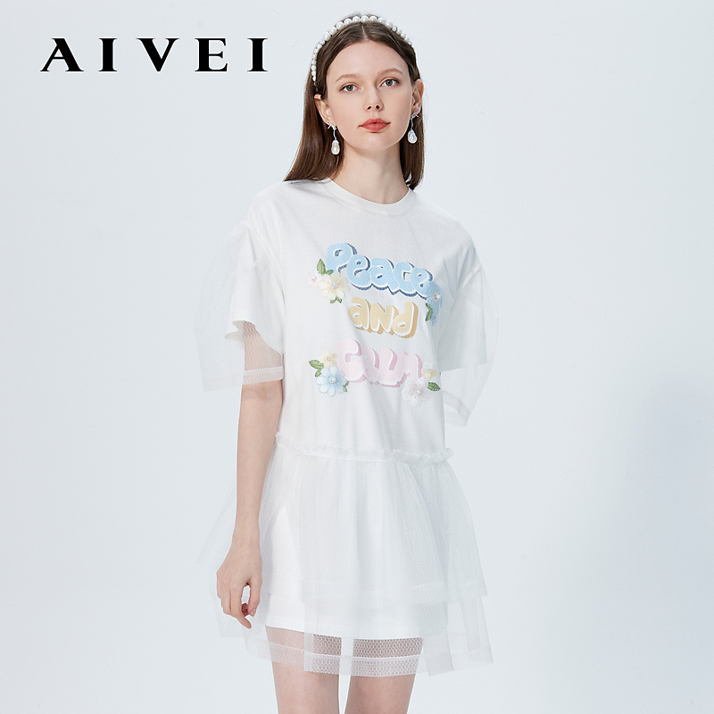AIVEI夏季新拼接字母印花圆领T恤连衣裙P0360119