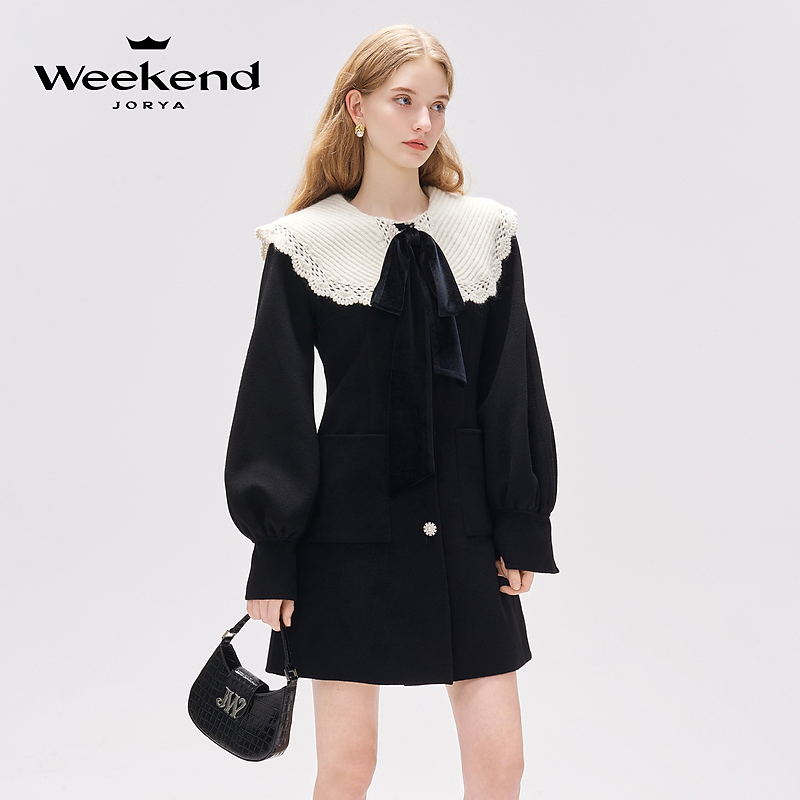 卓雅周末钩花蝴蝶结珠饰扣绵羊毛毛呢外套EJWDCR68