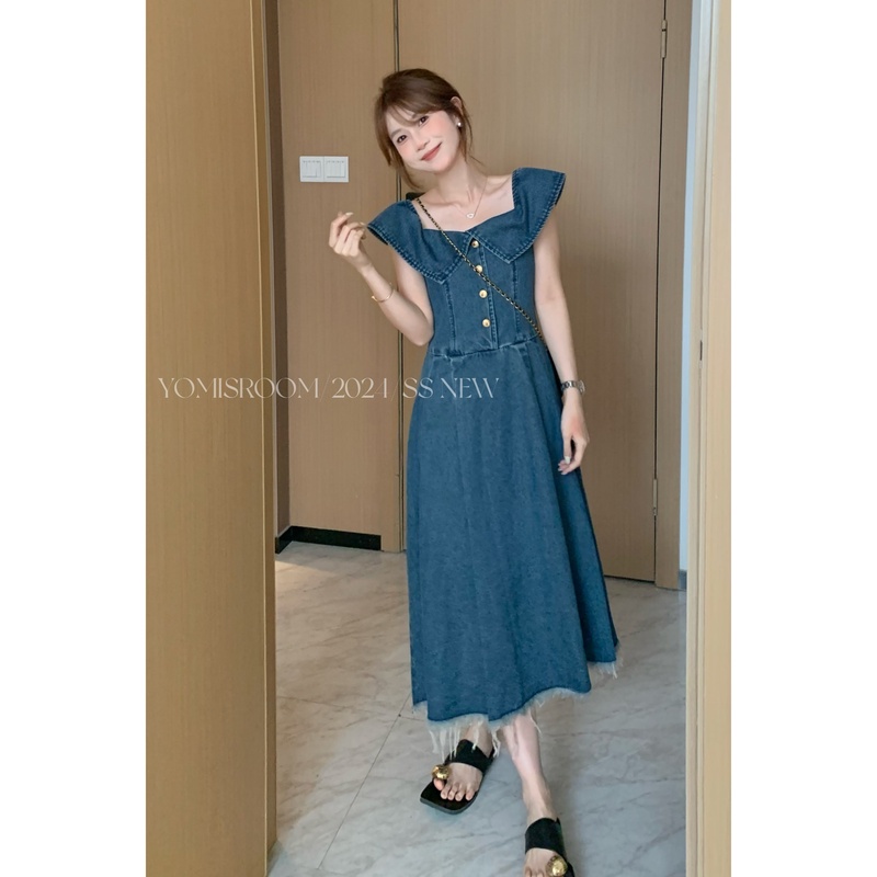 YOMI小个子定制【海滨日记】复古法式方领拼接设计感收腰A字连衣裙