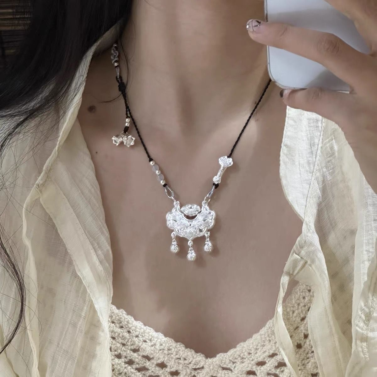 吊坠足银 纯银999锦鲤锁包吊坠平安锁编织项链百搭时尚宝宝长命锁