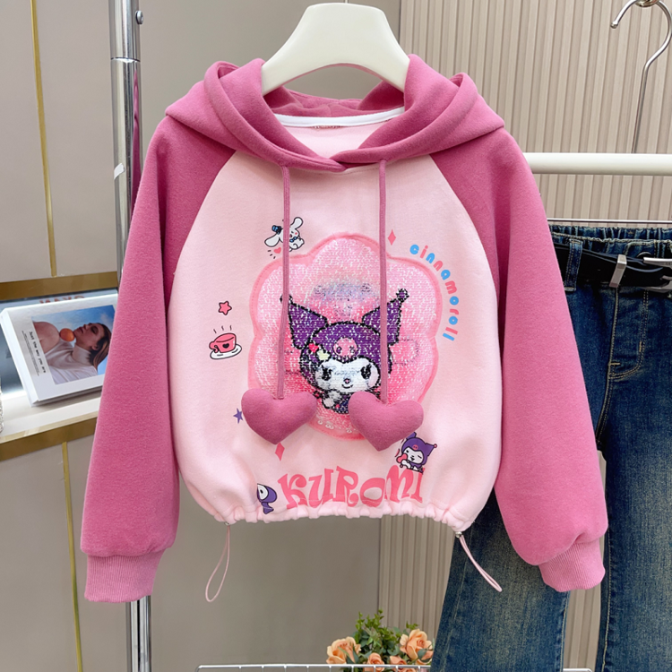 女童卫衣秋冬加绒2023新款潮中大童卡通亮片洋气休闲连帽上衣爆款
