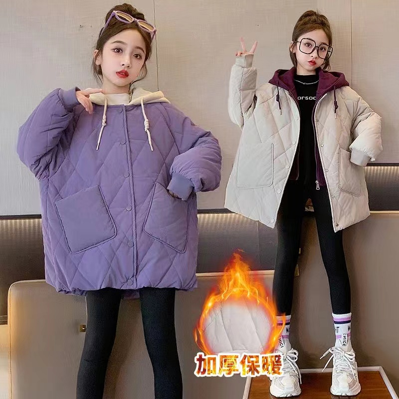 女童秋冬款假两件夹棉加厚外套2023新款中大童洋气冬季儿童连帽衣