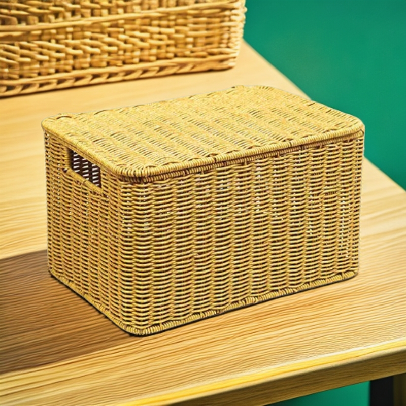 Y020双耳带盖长方形纯手工仿藤编收纳篮储物篮玩具衣物收纳框