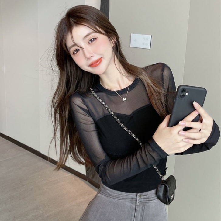 黑色拼接网纱打底衫女秋季新款性感时尚个性长袖t恤修身热辣上衣