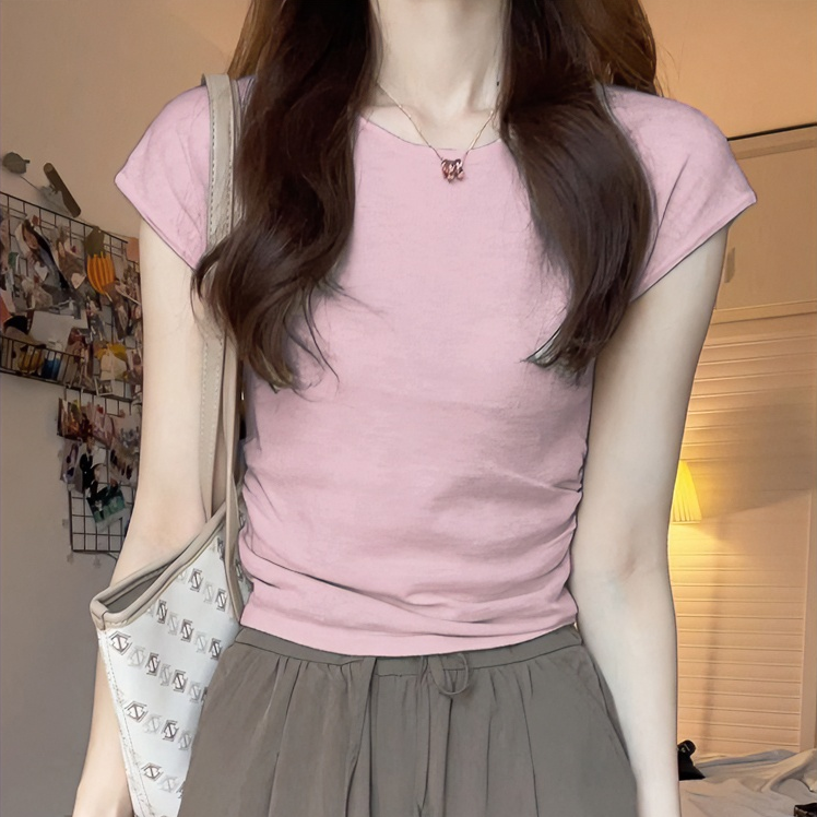 正肩圆领短袖T恤女夏季纯色设计感小众修身显瘦百搭辣妹短款上衣
