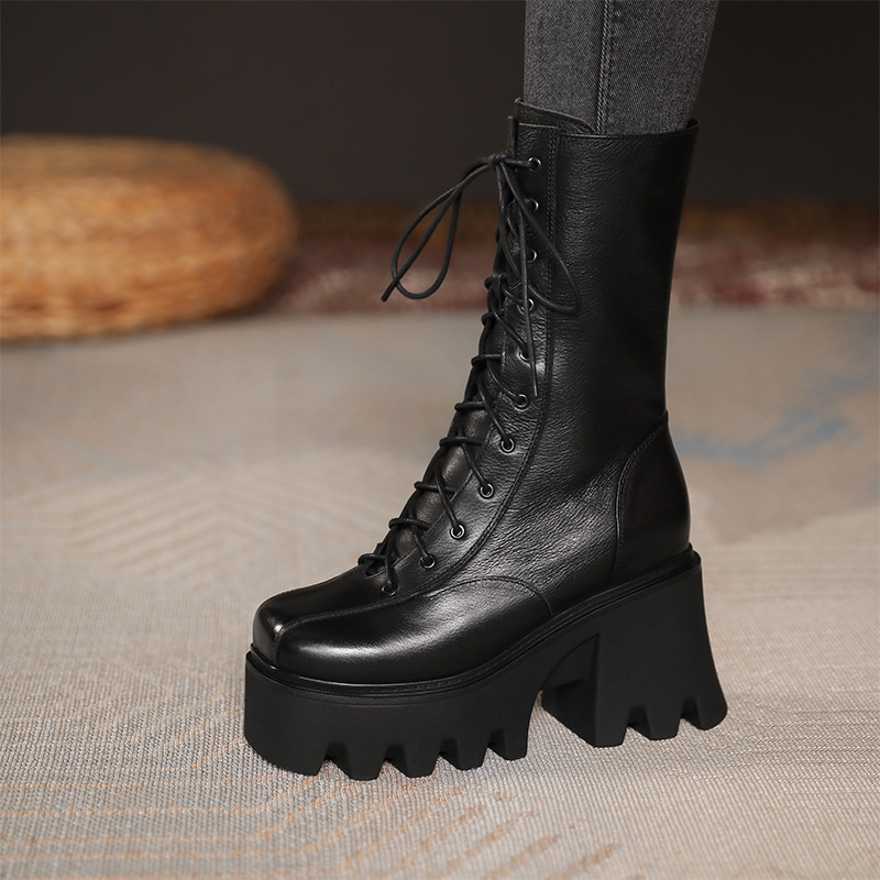 头层牛皮！秋冬新款10cm厚底粗跟复古马丁靴内增高中筒短靴女鞋