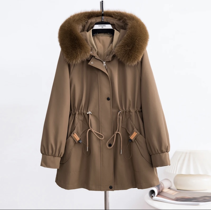 时尚百搭修身保暖加厚连帽狐狸毛领显瘦女装派克服