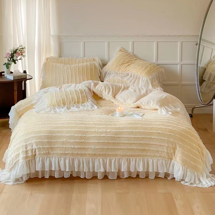 法式韩版风公主荷叶花边流苏牛奶绒少女心纯色四件套冬天四件套