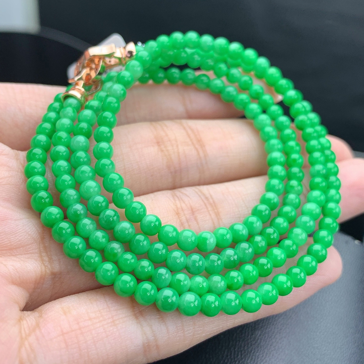 缅甸A货翡翠正阳绿色绿翡小米珠圆珠项链珠链T卡3.4-3.7mm600mm