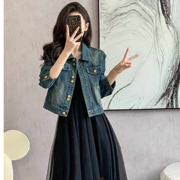 显瘦复古牛仔短外套女2025秋季新款POLO领百搭长袖短款夹克上衣潮