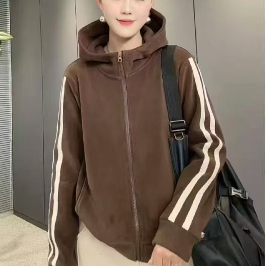 外套双面奥粒绒连帽开衫加厚加绒洋气女士秋冬季带帽洋气款时尚