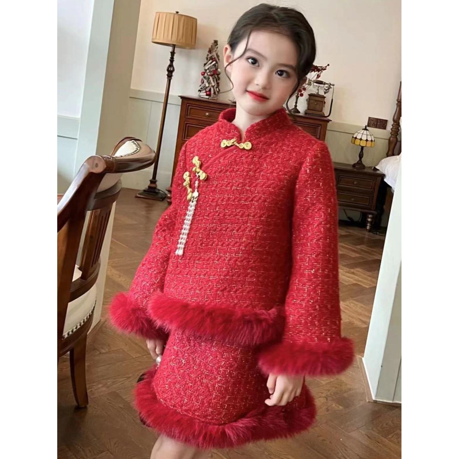 女童拜年成长童装新年加绒红色套装冬装新款国风