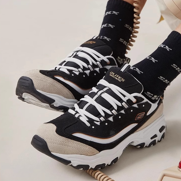 Skechers斯凯奇秋冬男鞋熊猫鞋黑白金复古老爹鞋厚底休闲鞋666114
