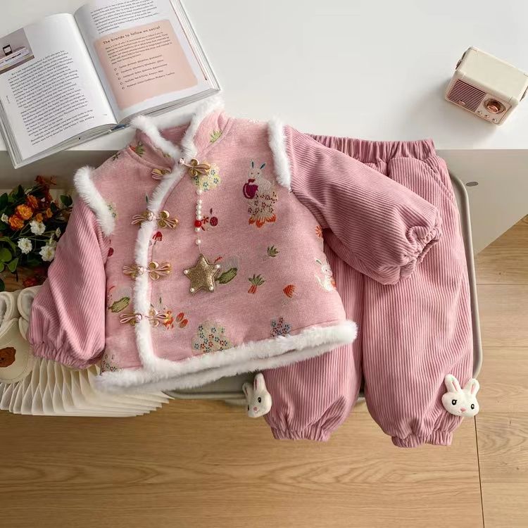 女童套装儿童加绒加厚冬季汉服中国风过年拜年服女宝冬装周岁礼服
