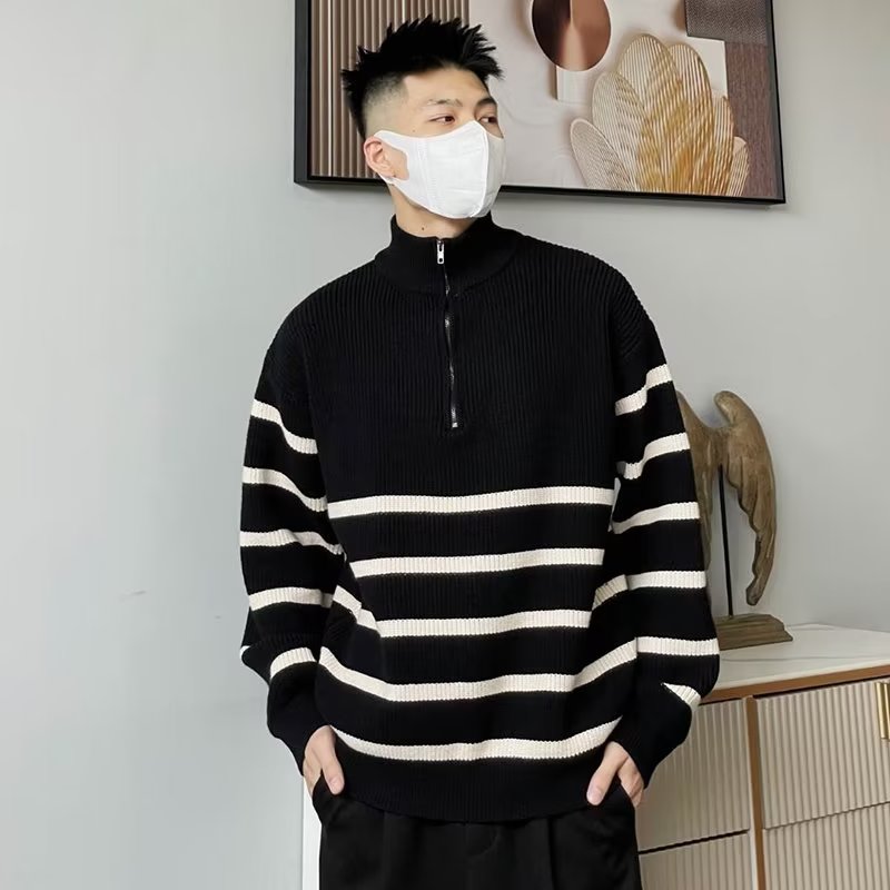 迈肯迪【男女同款】高级感横条纹设计简约立领ins毛衣男女士潮流宽