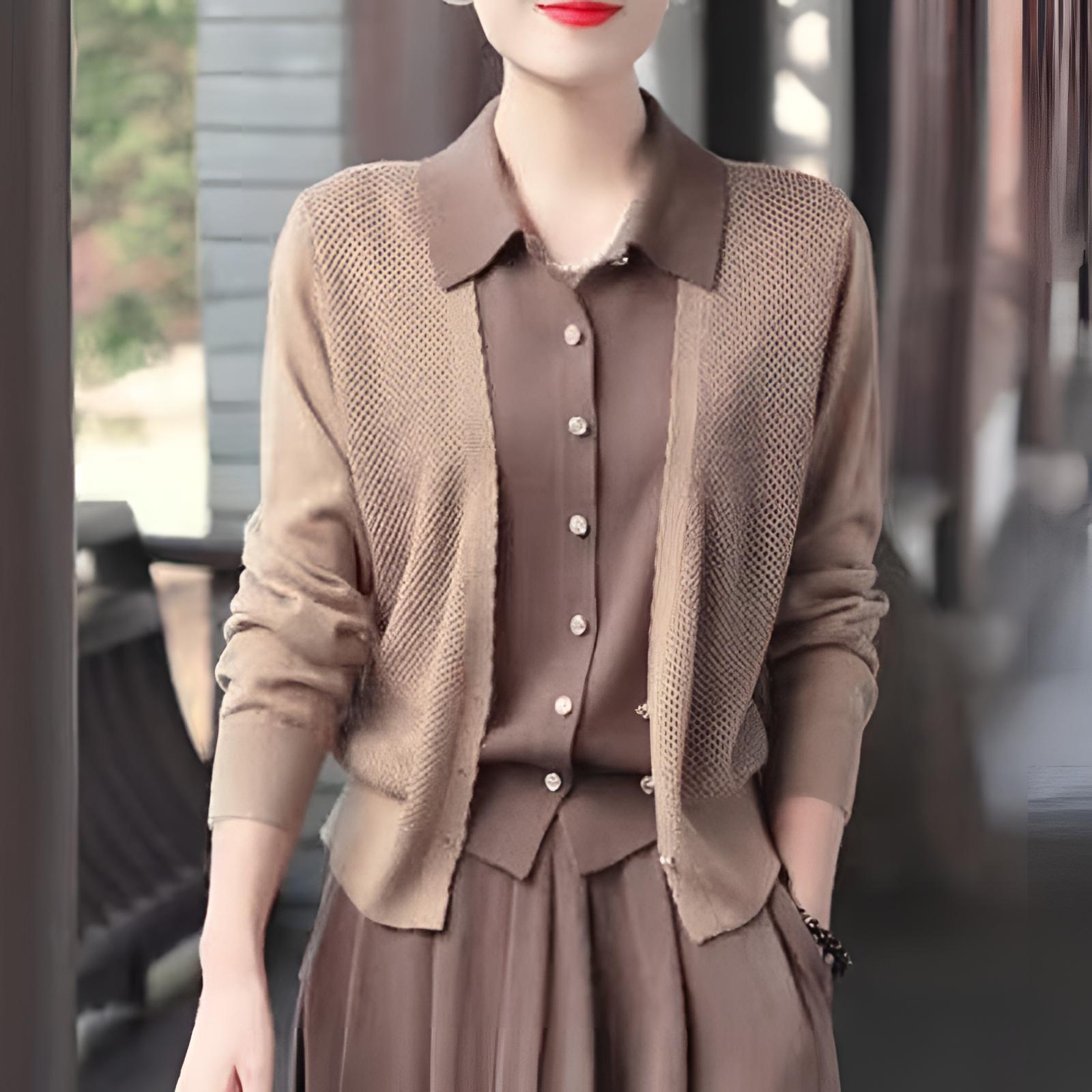 假两件开衫翻领长袖针织衫女春秋新款宽松显瘦气质外套时尚上衣