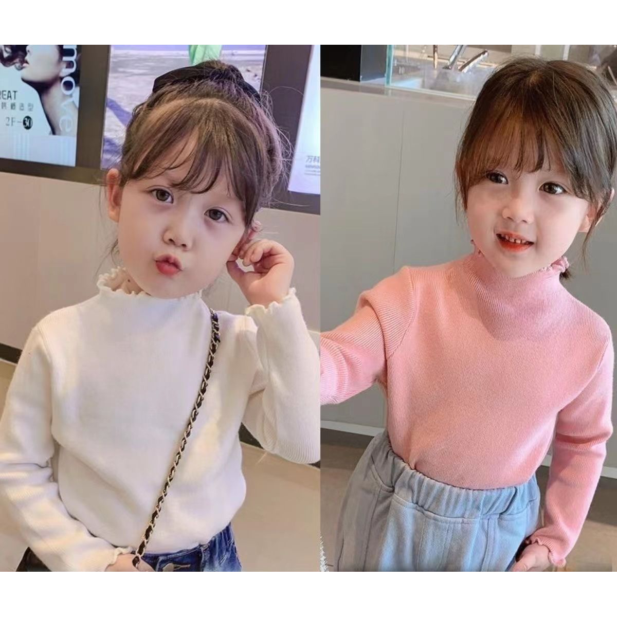 双面德绒简约半高领秋冬季可爱女童装长袖T恤百搭中小童打底衫B6