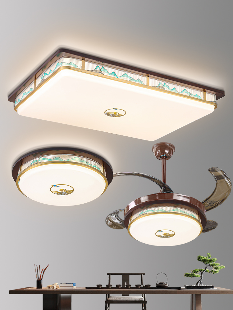  新中式吸顶灯铜加木长方形客厅灯中国风家用餐厅卧室灯具