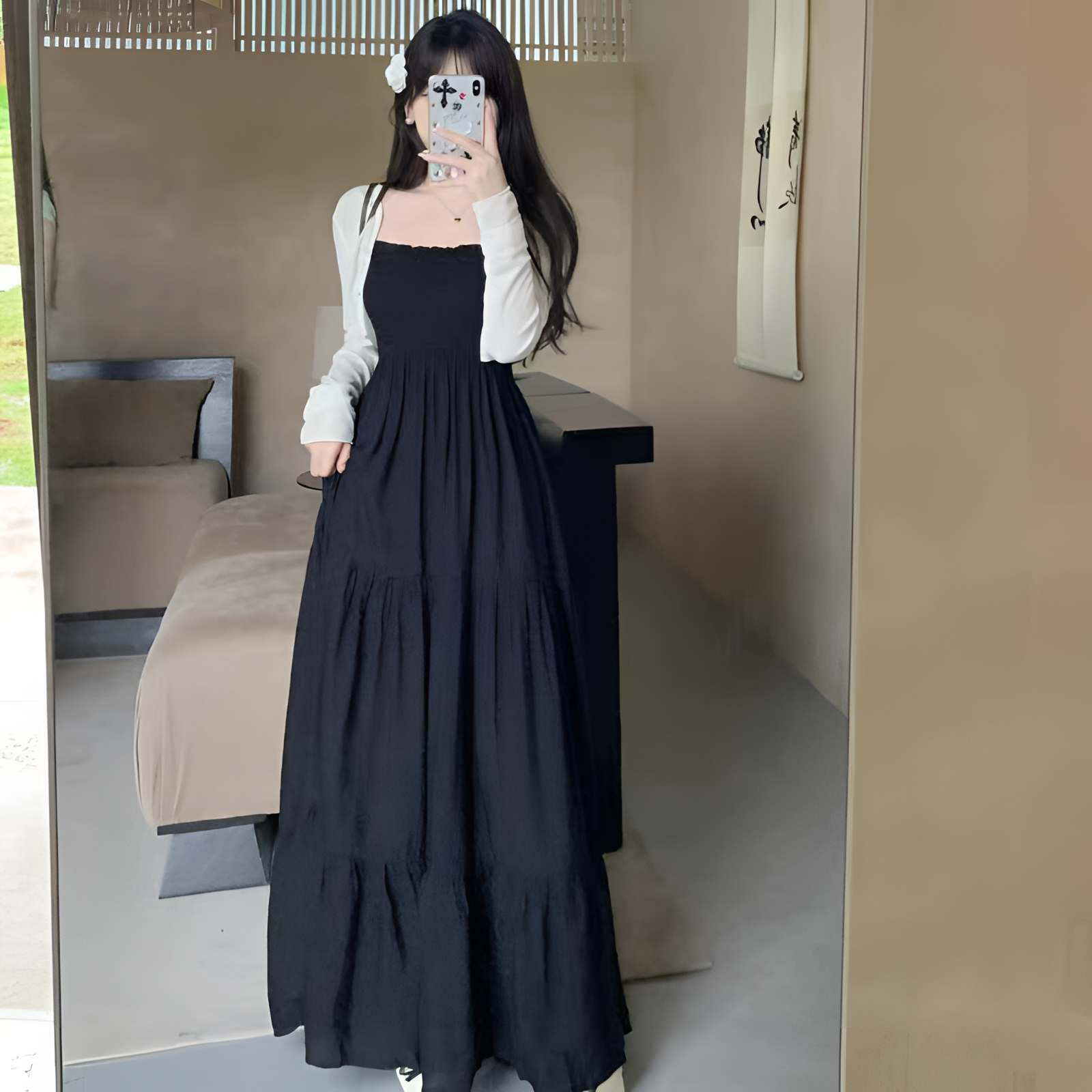 【去度假吧】微胖赫本风设计感复古多种穿法绑带吊带小黑裙套装