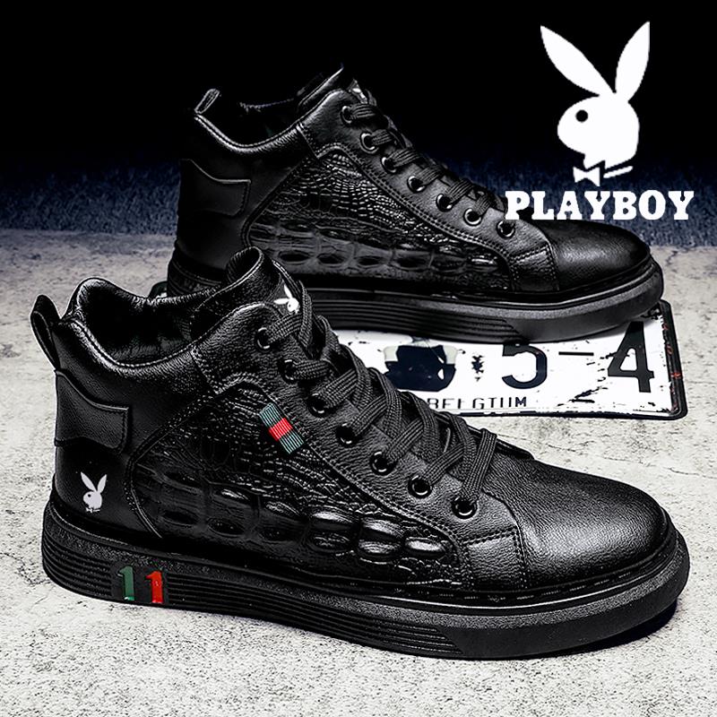 PLAYBOY高帮男鞋冬季2023新款男士休闲皮鞋商务防水运动加绒棉鞋