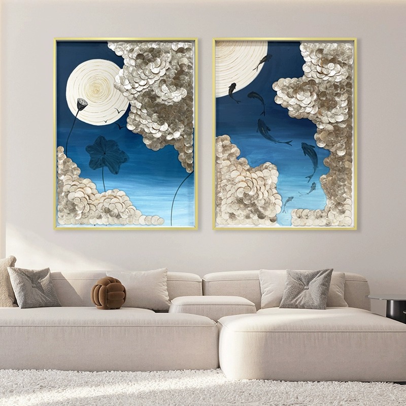 新中式手绘风景油画荷塘月色贝壳装饰画轻奢高级感客餐厅两联挂画