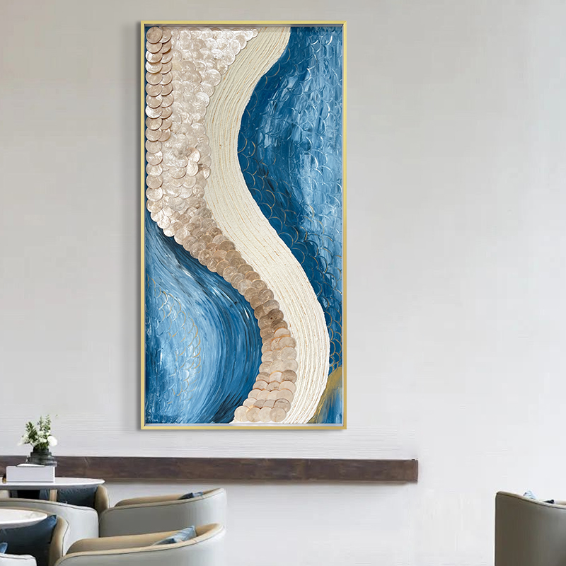 现代简约客厅贝壳装饰画高档法式手绘油画背景墙玄关挂画水色烟波