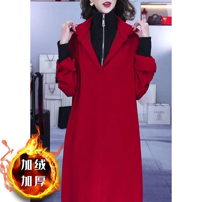 大码假两件连衣裙女2023秋冬新款气质百搭收腰显瘦撞色中长款裙子