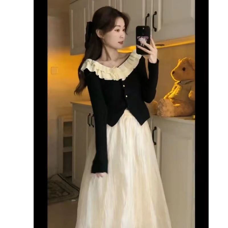 套装女2023早春新款温柔风荷叶边针织毛衣上衣+高腰半身裙两件套