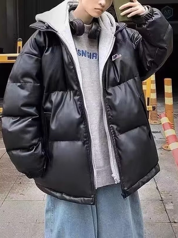 假两件PU皮连帽棉衣外套时尚保暖棉服高级感百搭休闲加厚棉袄男女