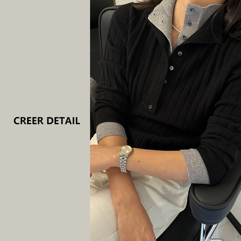 知识分子假两件POLO领羊毛衫长袖针织条纹翻领毛衣秋冬