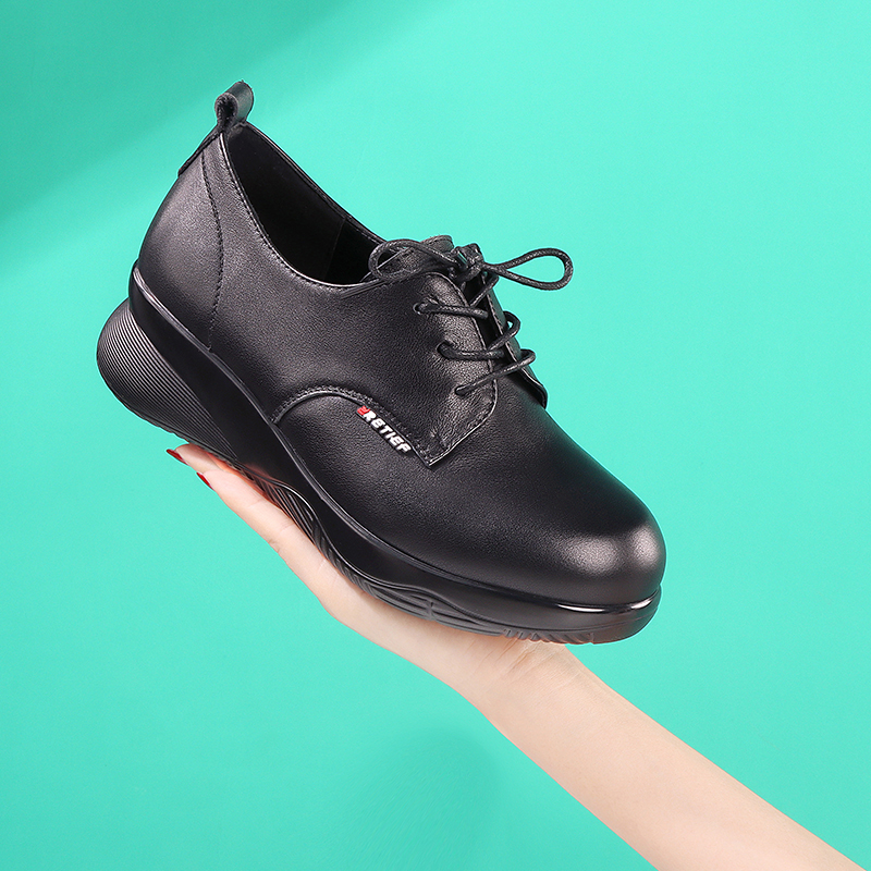 软头层牛皮坡跟舒适单鞋深口休闲时尚圆头系带防水台真皮码妈妈鞋
