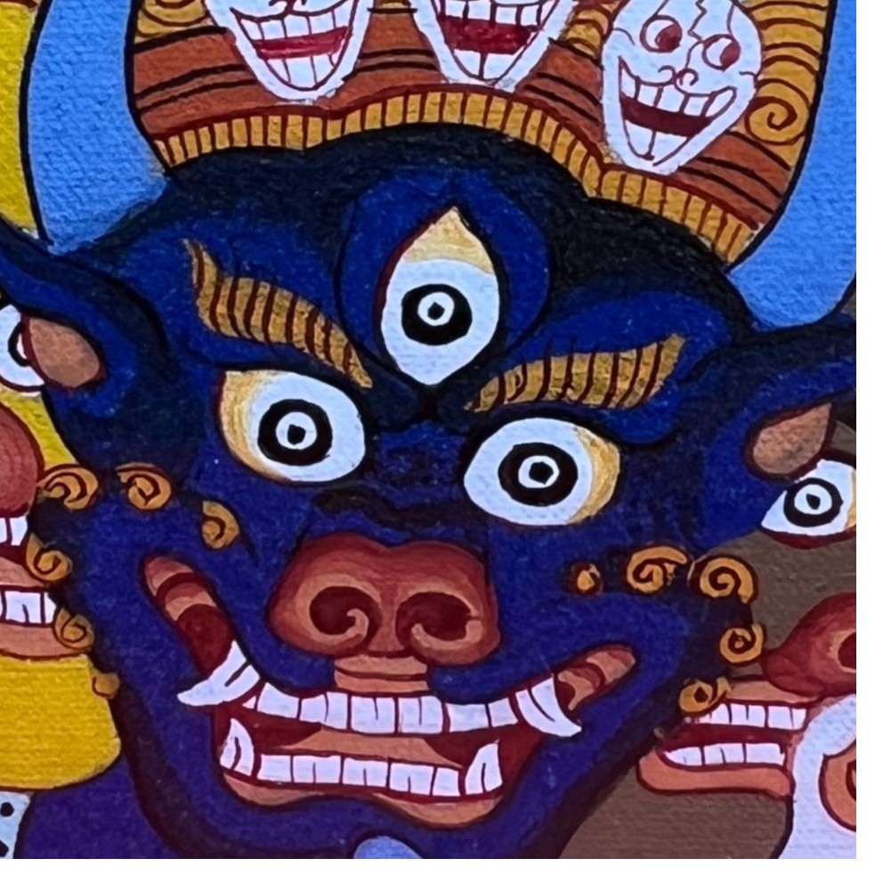 青海热贡纯手绘  唐卡 大威德F首 4*5蓝色粗矿砂方形通用方形