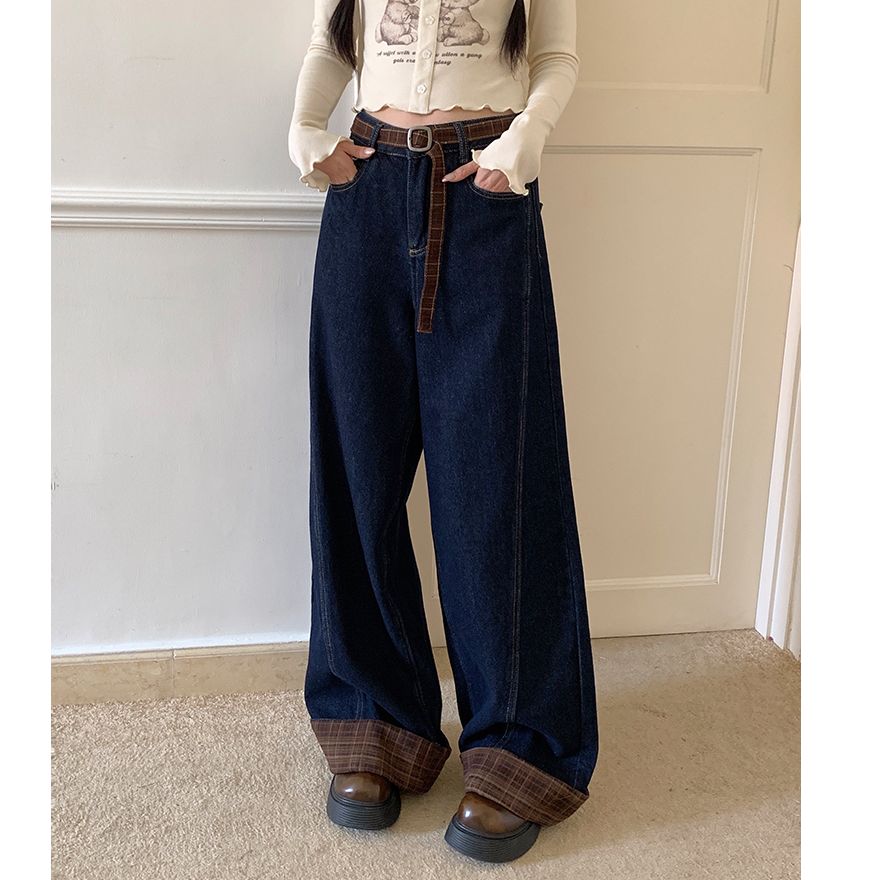【吵吵家】牛仔裤阔腿裤高腰格纹卷边配腰带设计感小众百搭裤子8379