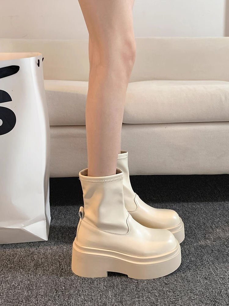 【第九空间】靴子英伦风女2025年时尚真皮百搭小个子厚底洋气瘦瘦靴