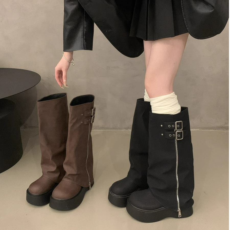 松糕厚底长靴女鞋2025年秋冬新款小个子百搭圆头显瘦黑色长筒靴子