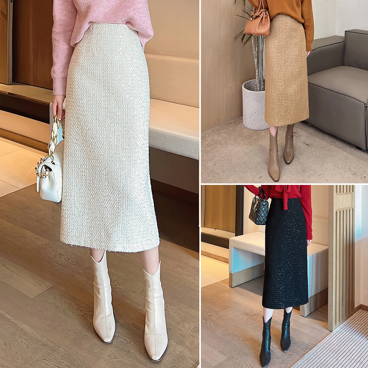 小香风亮片半身裙女秋冬新款高腰显瘦直筒裙高级感气质包臀裙3016