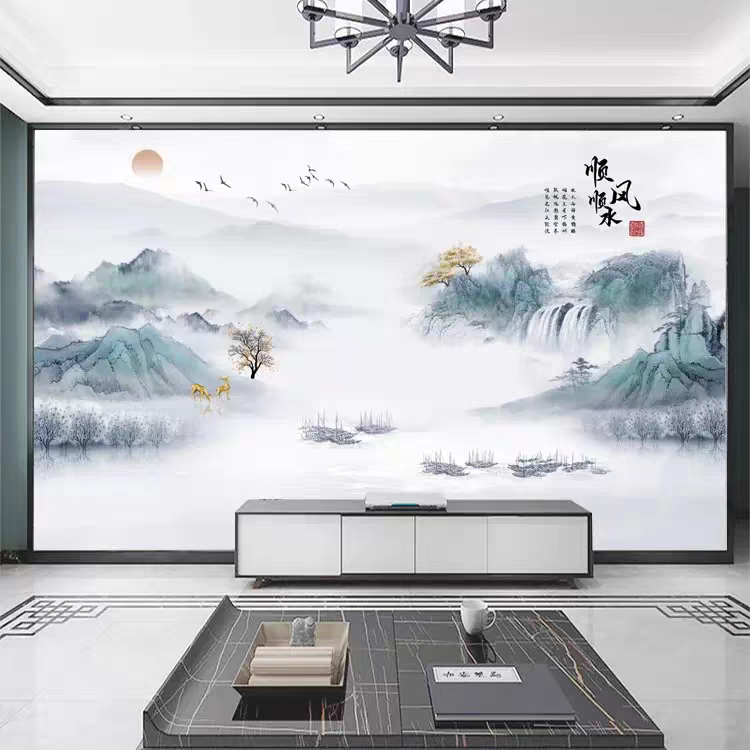 墙纸3d立体中式水墨山水电视背景墙壁纸客厅装饰壁布定制壁画墙布