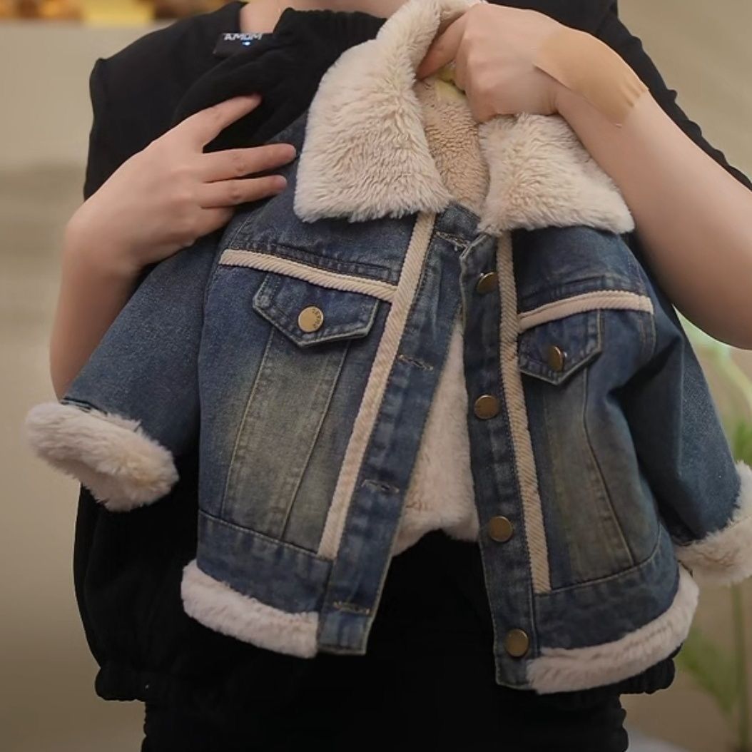 儿童加绒牛仔外套秋冬款男女童牛仔加绒加厚派克服冬季百搭保暖