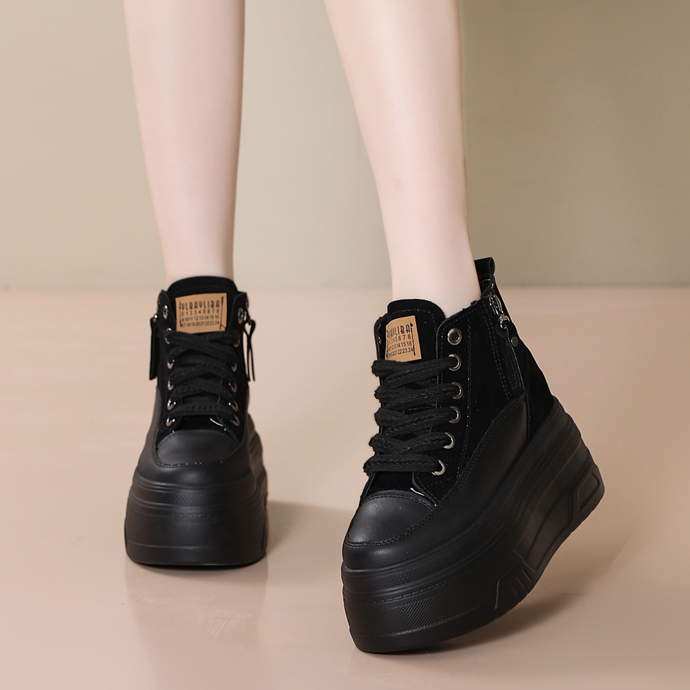 全黑高帮鞋增高12cm女鞋秋季新款松糕厚底潮流百搭轻便10cm休闲鞋