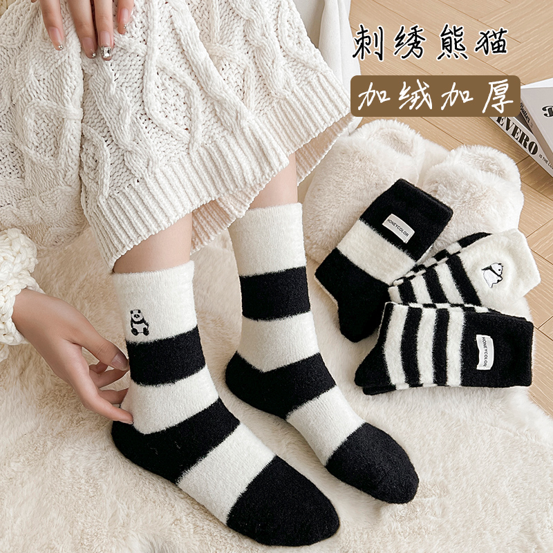 熊猫条纹澳绒中筒袜秋冬季加绒加厚保暖长筒袜冬天产后月子袜黑白