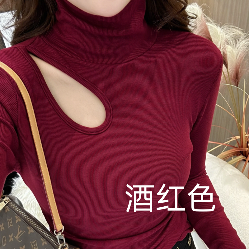 高领挖空设计加绒加厚长袖修身显瘦打底衫女上衣2023冬季新款653