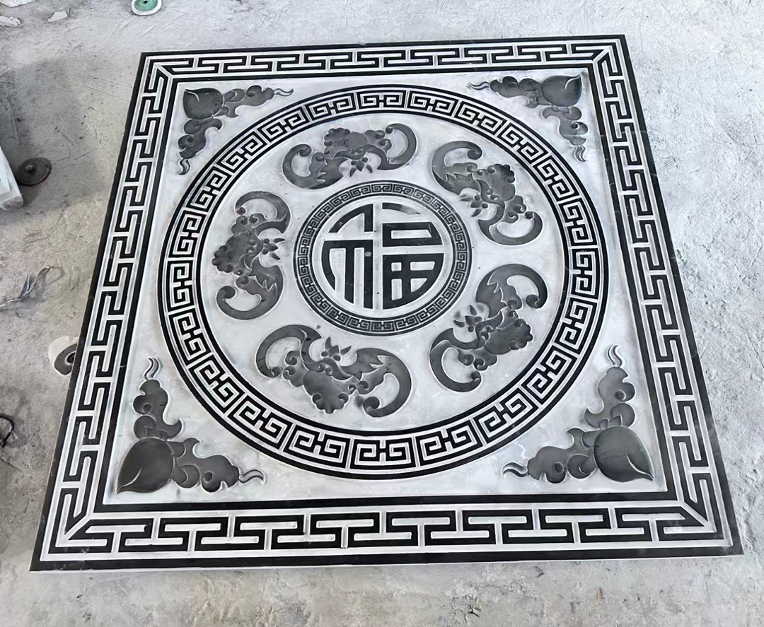石雕浮雕地雕刻中式庭院地雕青石地砖祥云五福字进门大理石刻