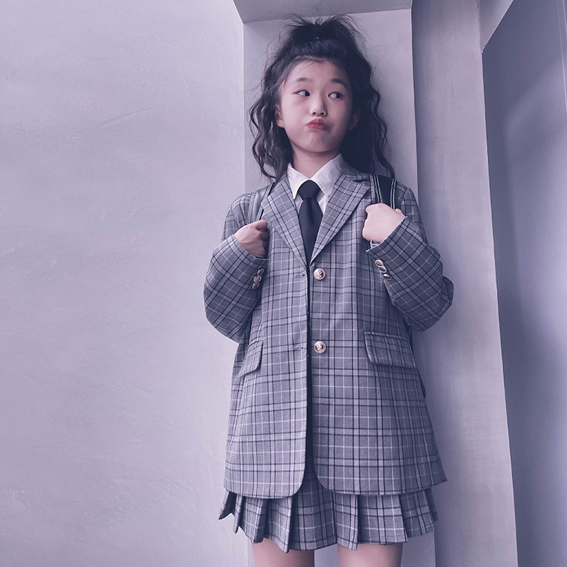 冷大娘定制男女儿童格子学院风校服套装西装上衣百褶裙中裤亲子款