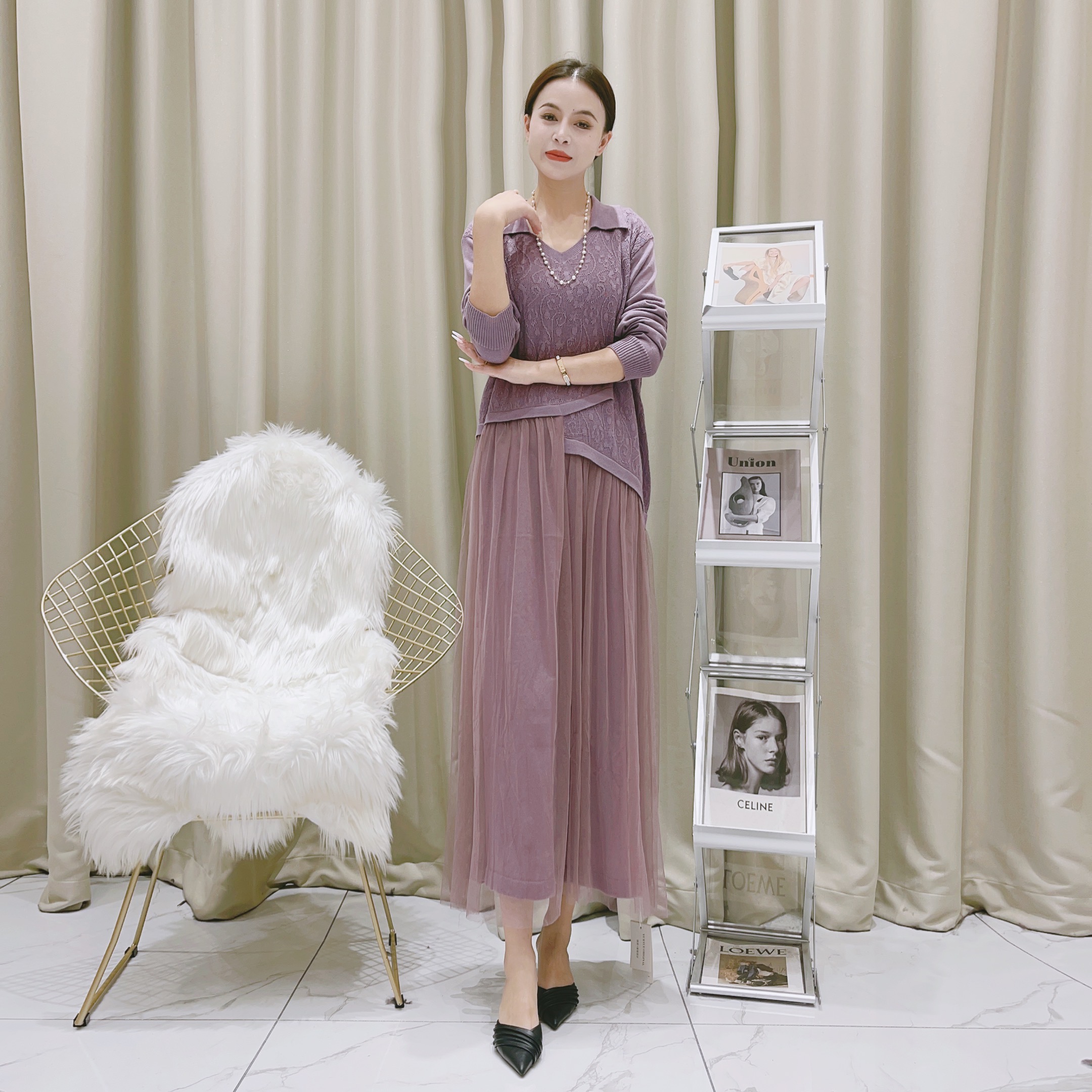 669浅紫色拼接网纱连衣裙时尚女士设计师秋冬提花轻奢宽松针织衫