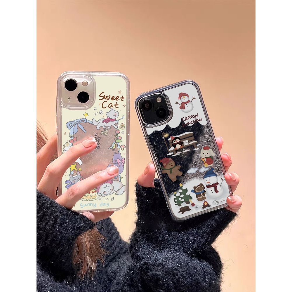 猫咪插画流动雪花适用苹果15手机壳iphone13/14promax透明12软11
