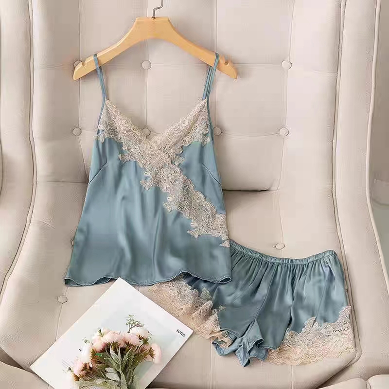 夏季蕾丝边性感吊带小背心无胸垫套装家居服