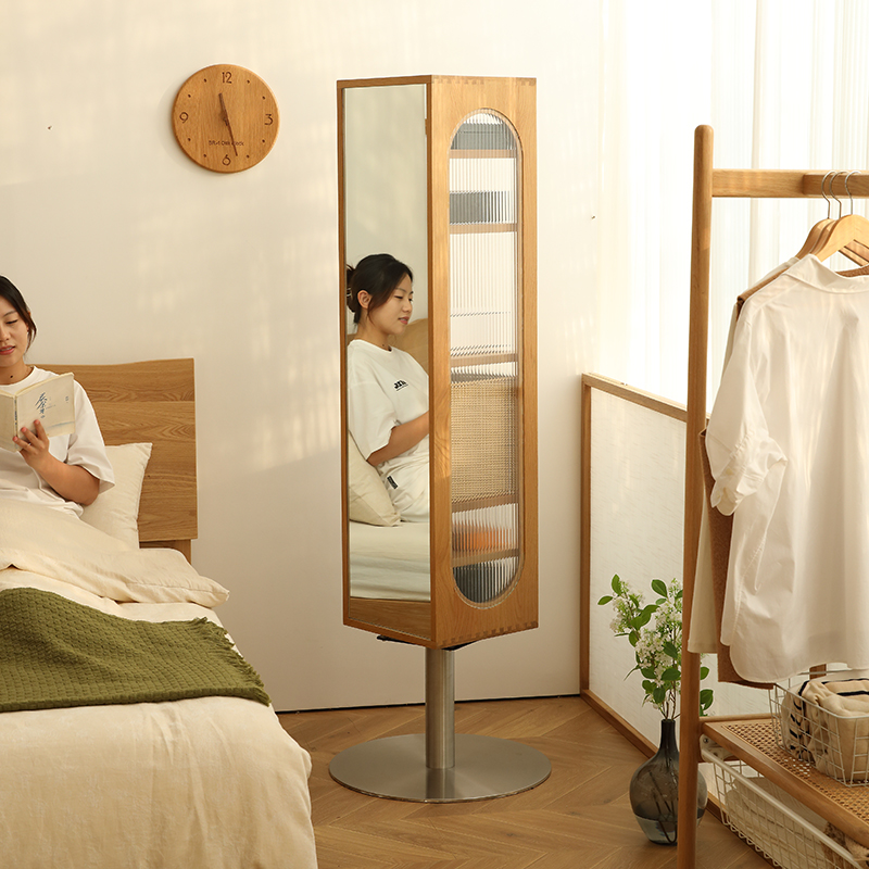 旋转穿衣镜柜子全身落地小户型北欧白橡木床头柜家用客厅化妆书柜