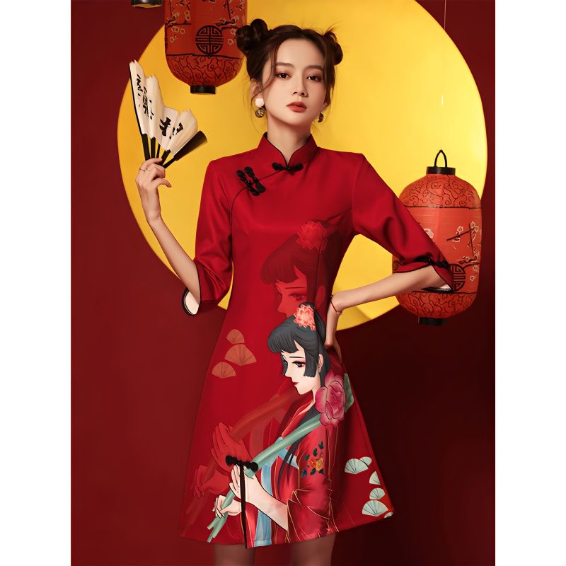 国潮旗袍2024年新款秋季红色年轻款学生改良版小个子短款连衣裙女