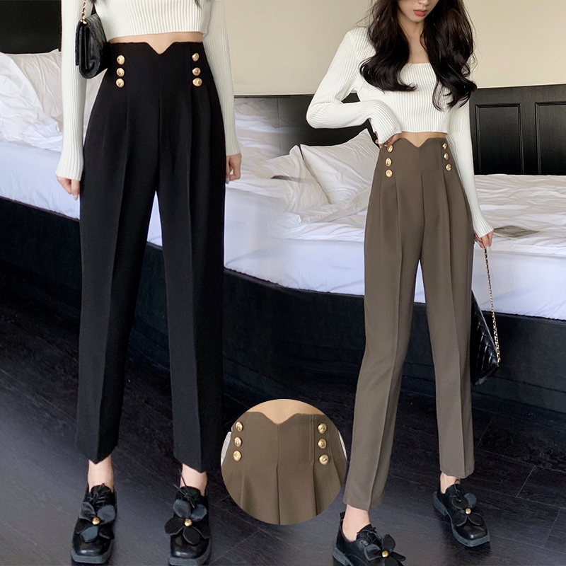 加厚排扣西裤女秋冬新款爆款高腰显瘦休闲九分西装裤洋气哈伦裤女